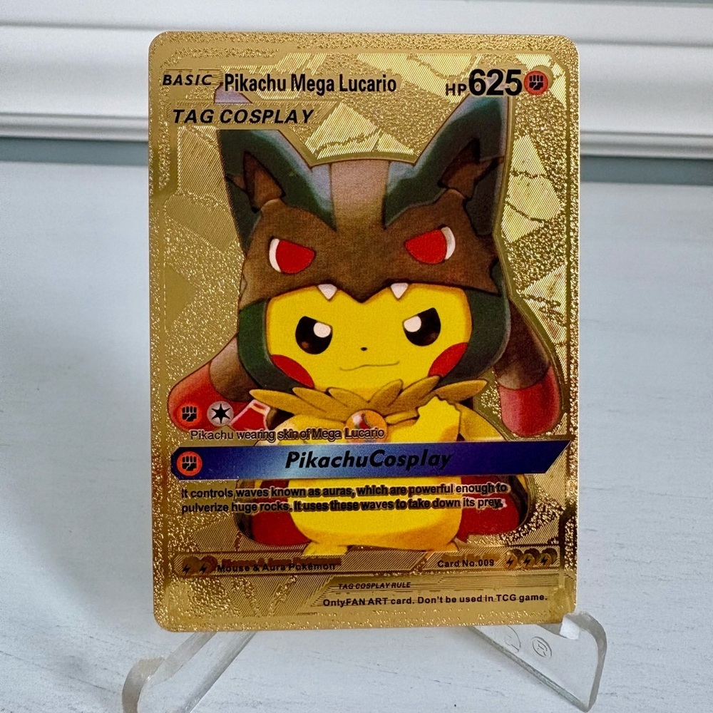 Pokemon Pikachu Mega Lucario Cosplay Gold Foil Fan Art Card HP625